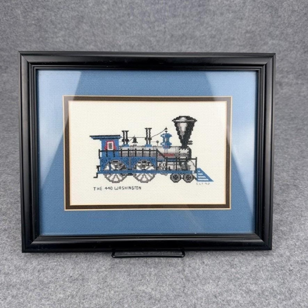 Framed Cross Stitch The 440 Washington Steam Locomotive Train Artwork CLT 92
